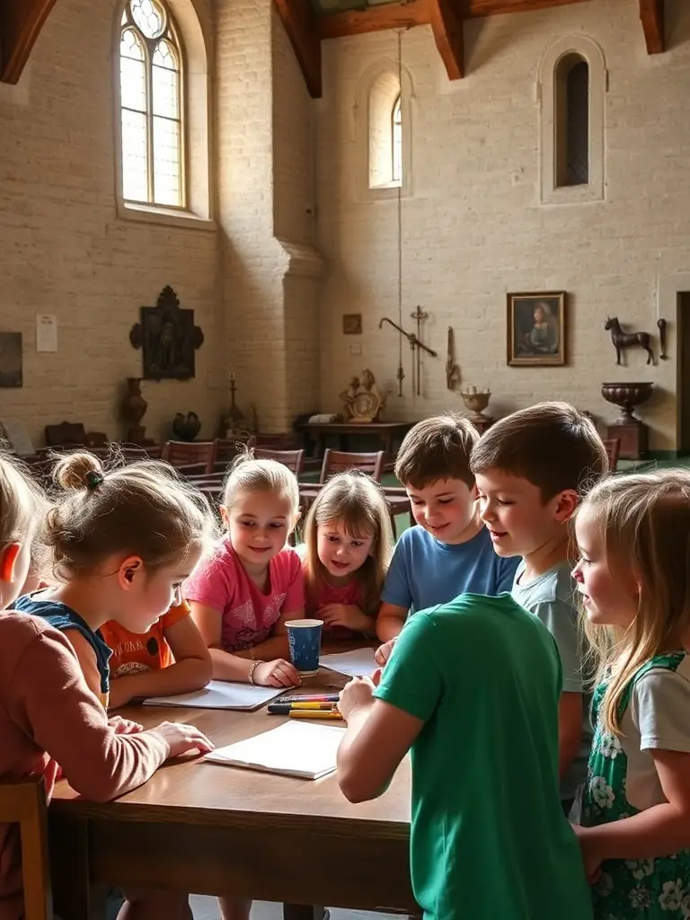 A vibrant photograph capturing children participating in an educational workshop at Château de Boussac, learning about the history and architecture of the castle.