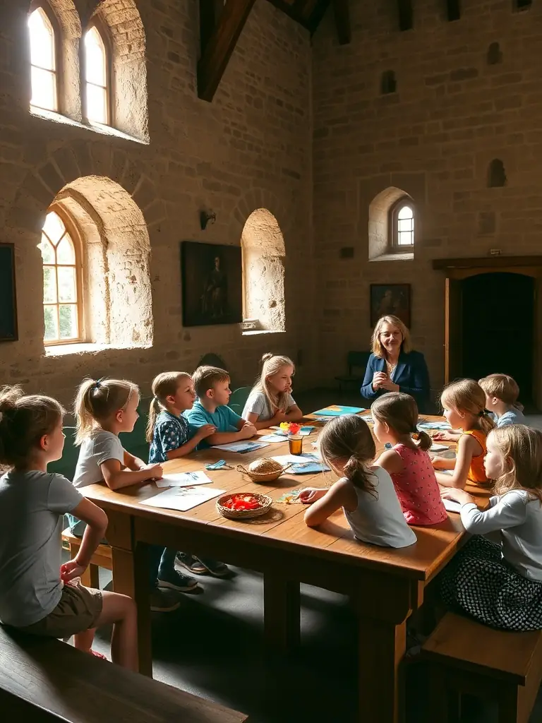A picture of children participating in an educational workshop at the Château de Boussac, learning about medieval history and crafts.