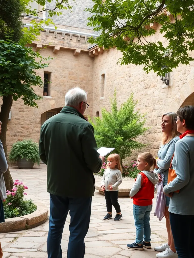A photograph of a guided tour at Château de Boussac, with a knowledgeable guide explaining the history and significance of the castle to a group of visitors.