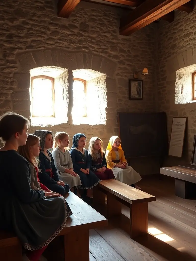 A photograph of children participating in an educational workshop at the Château de Boussac, learning about medieval history.