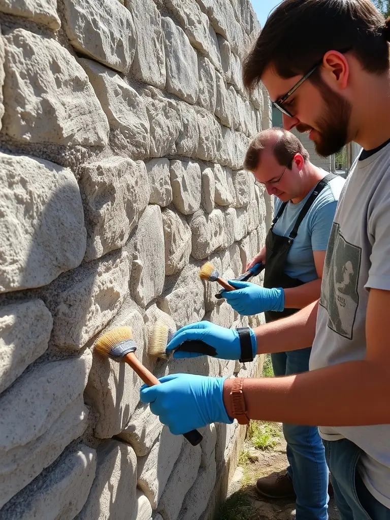 A photograph capturing volunteers meticulously restoring a section of the Château de Boussac's stone wall, showcasing the dedication to preserving the historical structure.