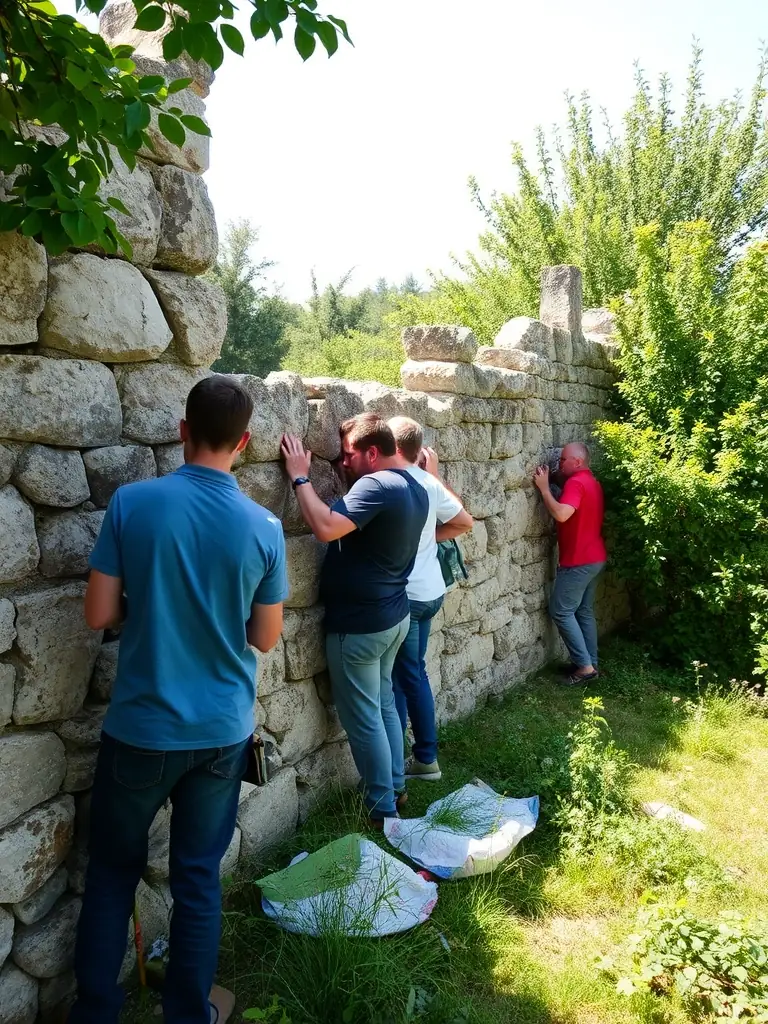 A photograph capturing volunteers meticulously restoring a section of the Château de Boussac's stone wall, showcasing the dedication to preservation efforts.