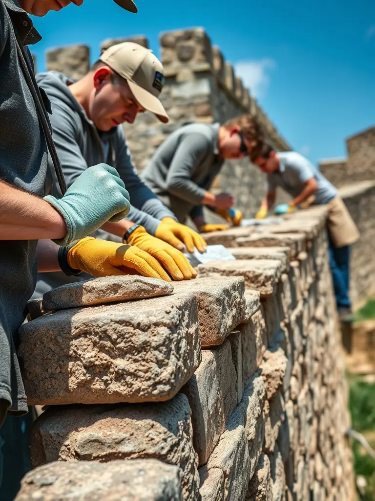 A photograph showcasing volunteers working on the restoration of a section of the Château de Boussac, highlighting the community's involvement in preserving the heritage site.
