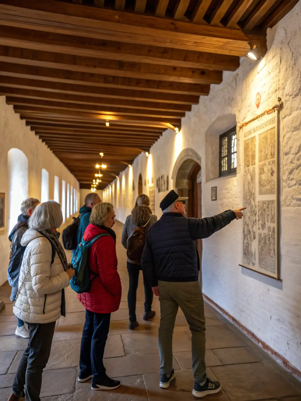 A photograph of a guided tour group inside the Château de Boussac, with a guide explaining the history of the castle.